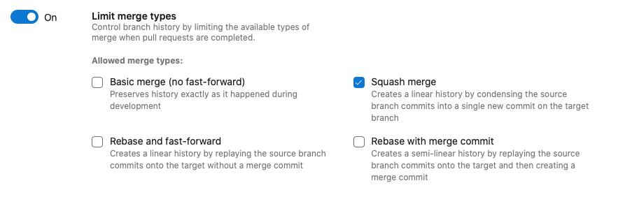 Azure DevOps branch policies limit merge types