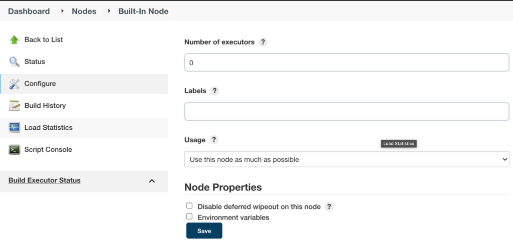 A screenshot showing how to disable the ability to run nodes builds on the controller nodes within Jenkins. 