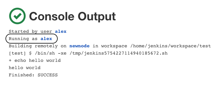 A screenshot showing a successful console output within Jenkins running as a user named Alex. 