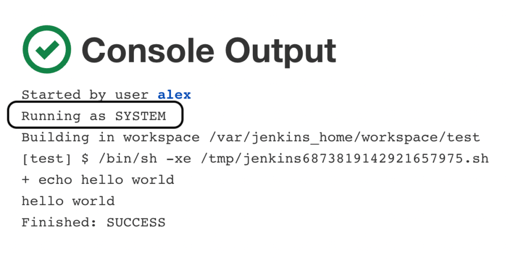 A screenshot showing a successful user-initiated console output within Jenkins running as System. 