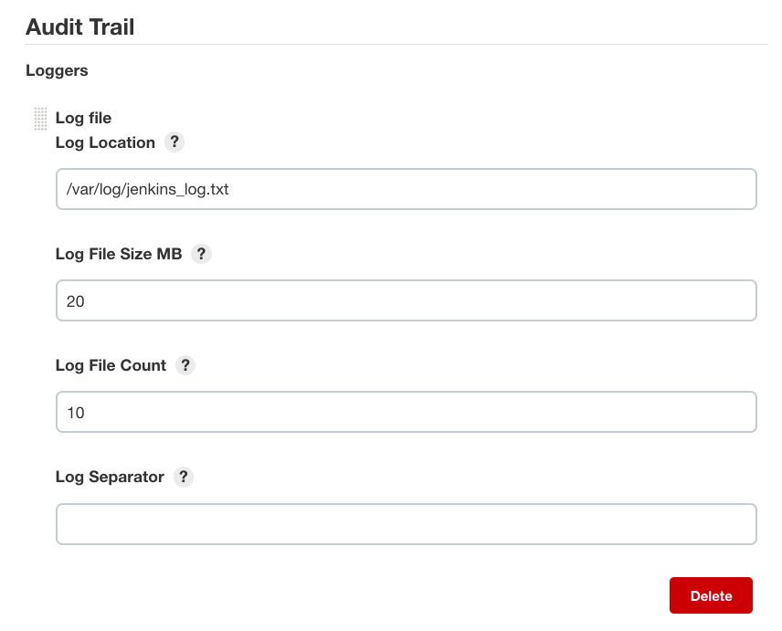 A screenshot showing the configuration settings for the Audit Trail plugin for Jenkins. 