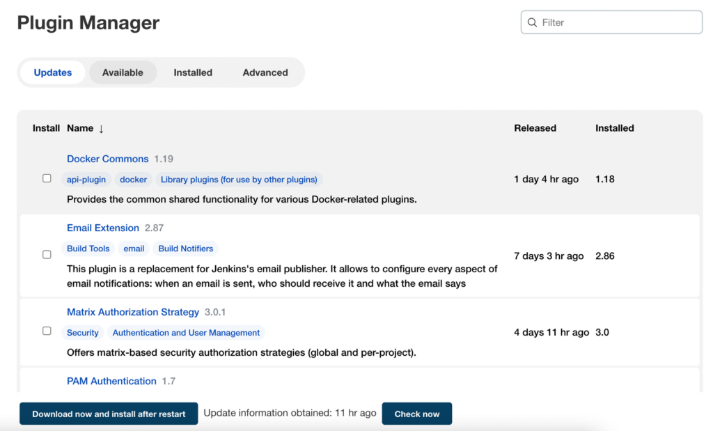  A screenshot showing the Jenkins plugin manager interface. 