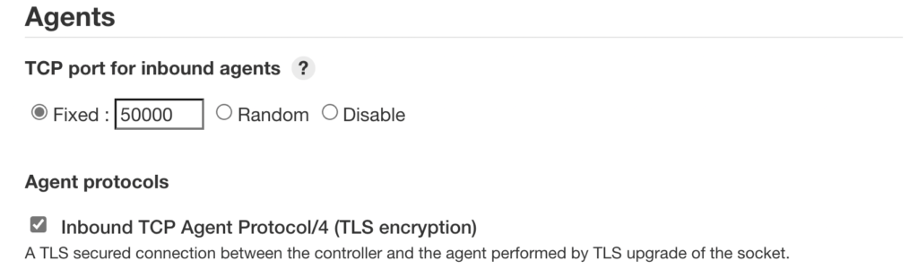 A screenshot of the Agent settings within the Jenkins platform shows a fixed setting applied to TCP port inbound agents.