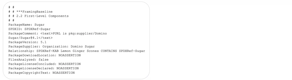 Sample SBOM in SPDX format showing a package detail that includes the supply chain relationship.