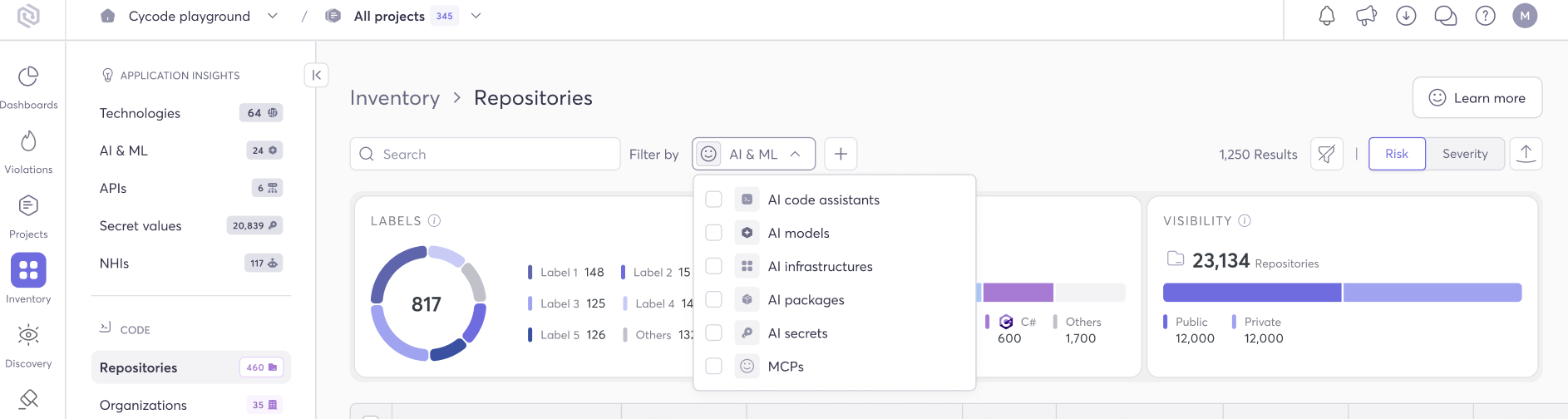 Cycode playground , filter by AI & ML