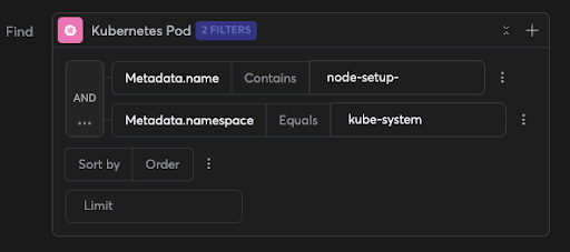 A Context Intelligence Graph query searching for Kubernetes pods that have been exploited by the script’s lateral movement deployment attempts (matching by name and namespace)