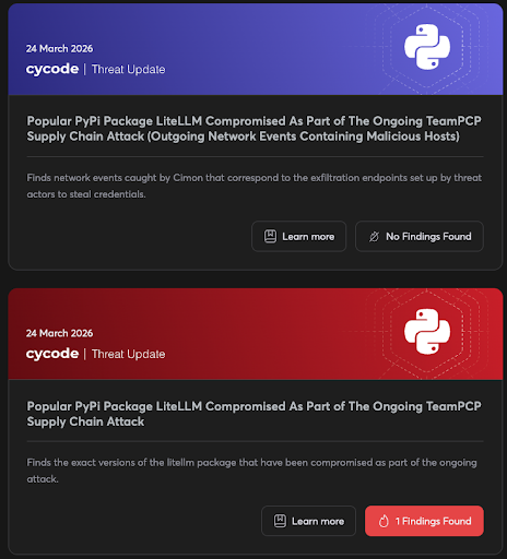 Threat Intelligence updates from the Cycode dashboard following the LiteLLM compromise