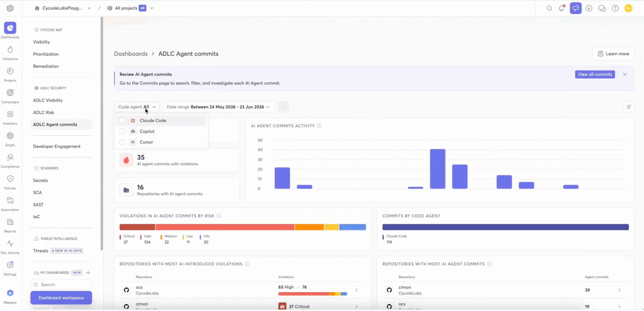 Cycode AI Agent Commit Visibility: agent commits identified and attributed automatically