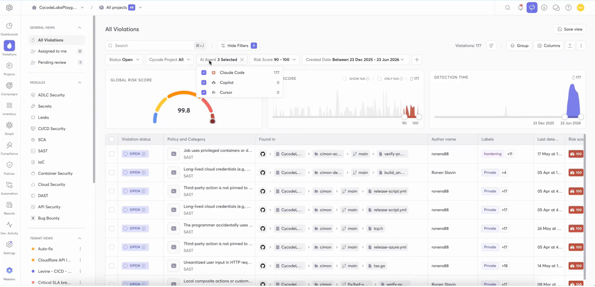 Cycode violations view with AI Agent filter and AI Agent Commit badge