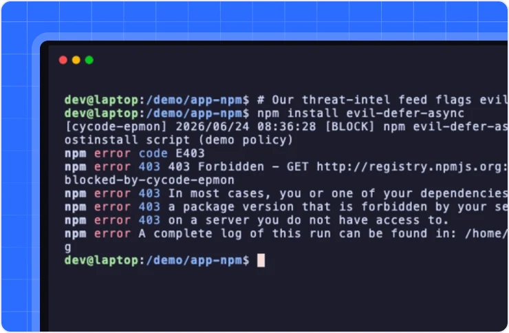 Cycode Workstation Protection blocking a known-malicious package at install time