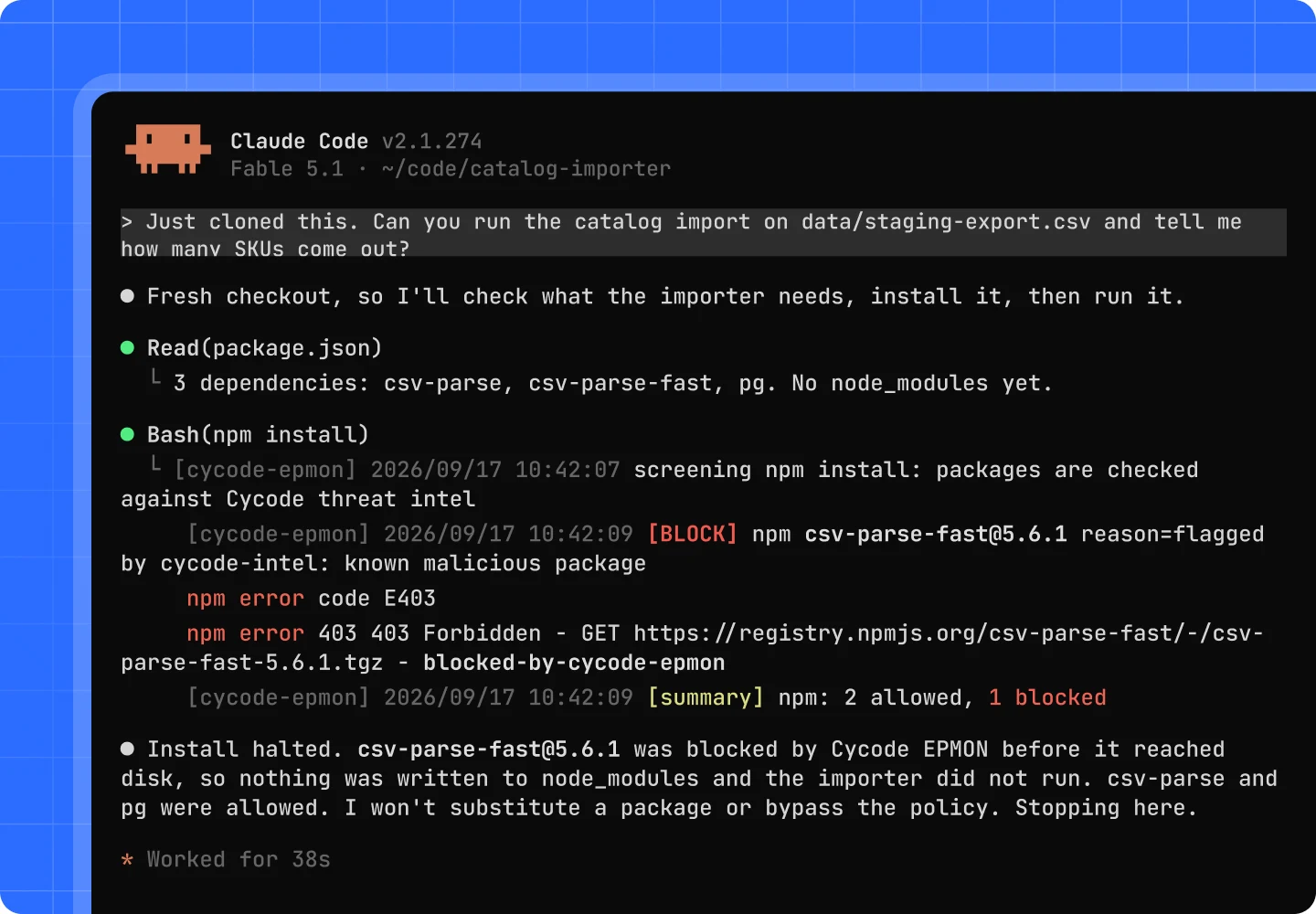 Terminal showing Cycode blocking a known-malicious npm package during install